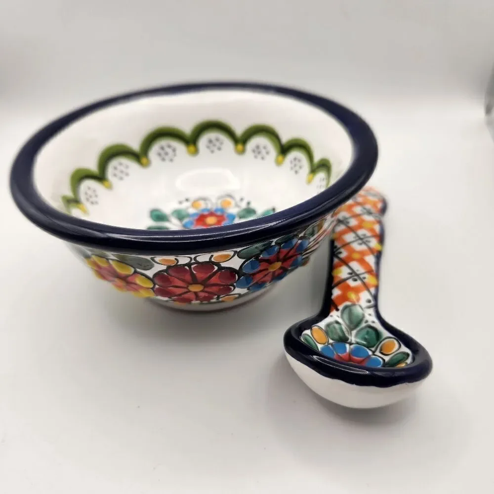 Mexican Pottery Colorful Ceramic Bowl and Spoon Set Hand painted